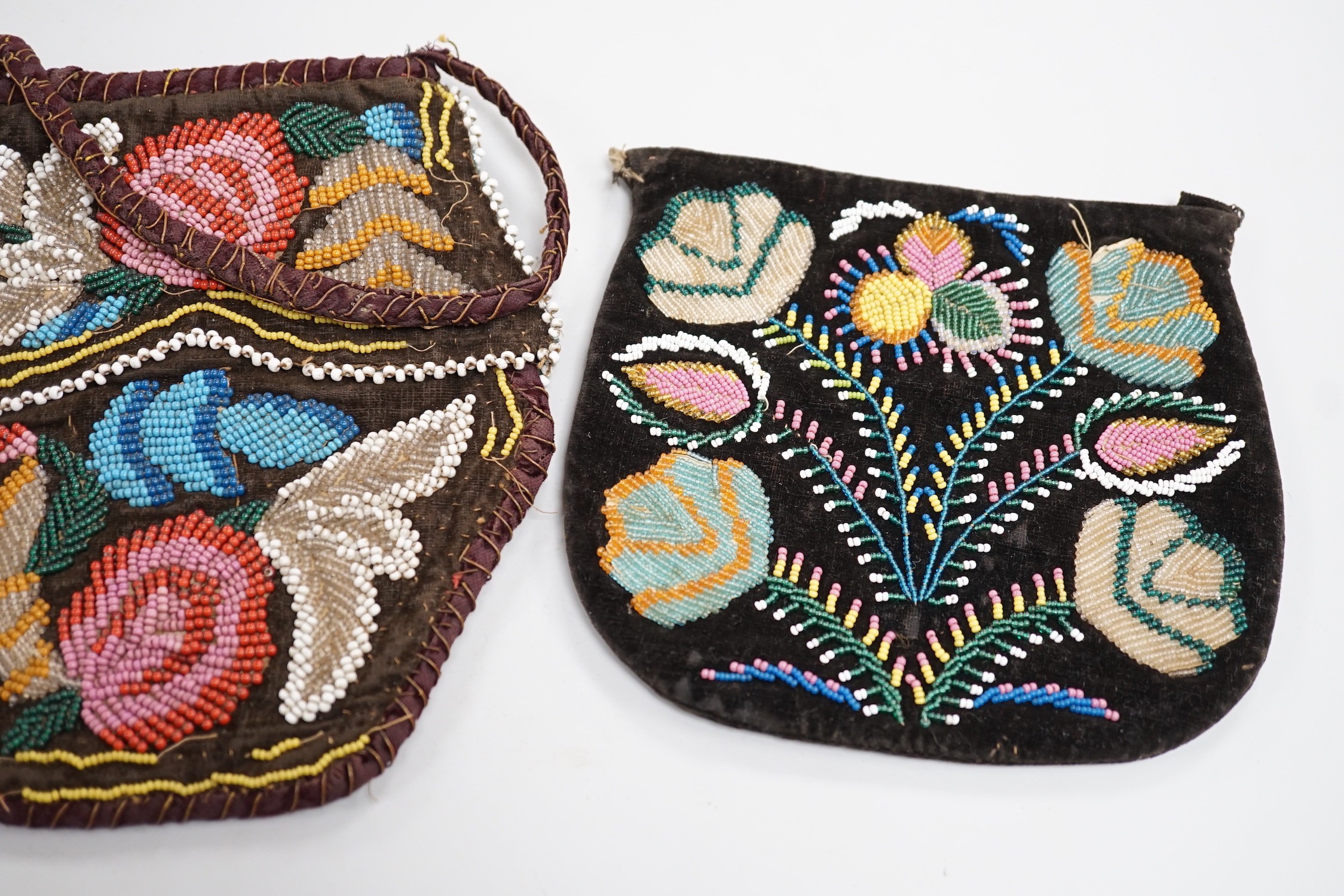 Three mid to late 19th century Haudenosaunee (Iroquois) North American Indian glass beaded velvet bags